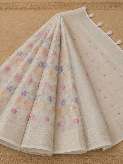 Tarini Jamdani Kora Banarasi Silk Saree Ivory White