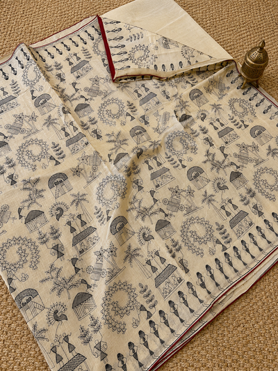 Parampara Silkmark Tussar Silk Embroidery Saree Cream