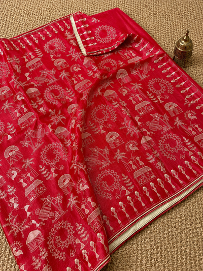 Parampara Silkmark Tussar Silk Embroidery Saree Berry Red