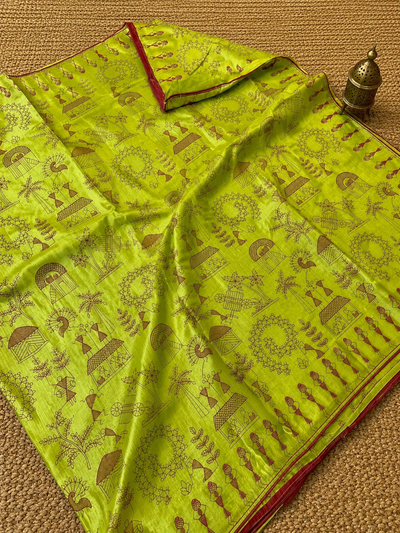 Parampara Silkmark Tussar Silk Embroidery Saree Lime Green