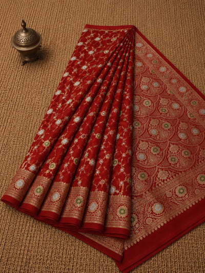 Sutra Mashru Alfi Silk Mina Jaal Saree Crimson Red