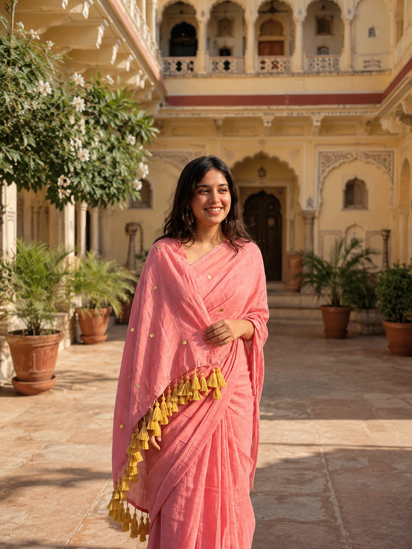 Indiehaat | Rose Pink Pure Mul Cotton Sequin Saree