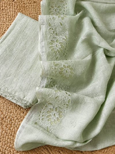 Indiehaat | Pure Linen Embroidered Suit (T+B+D) Green