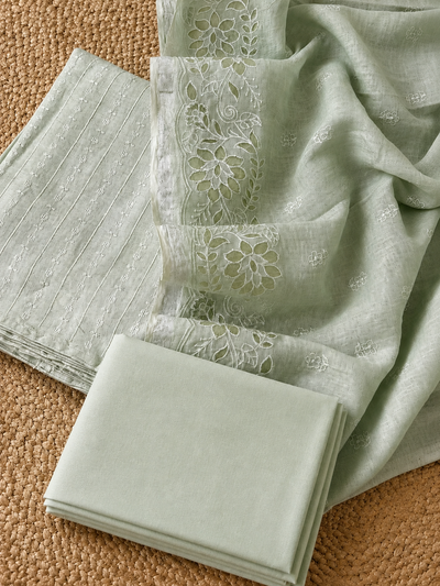 Indiehaat | Pure Linen Embroidered Suit (T+B+D) Green