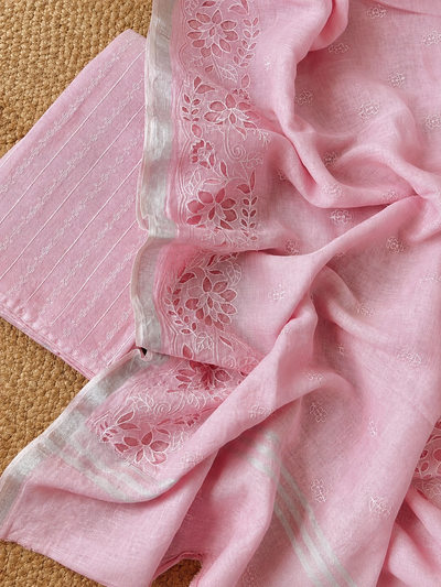 Saanvi Pure Linen Embroidered Suit (T+B+D) Rose Pink