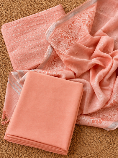 Indiehaat | Pure Linen Embroidered Suit (T+B+D) Peach