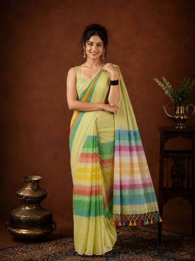 Indiehaat | Pure Handloom Mul Cotton Saree with Striped Pallu