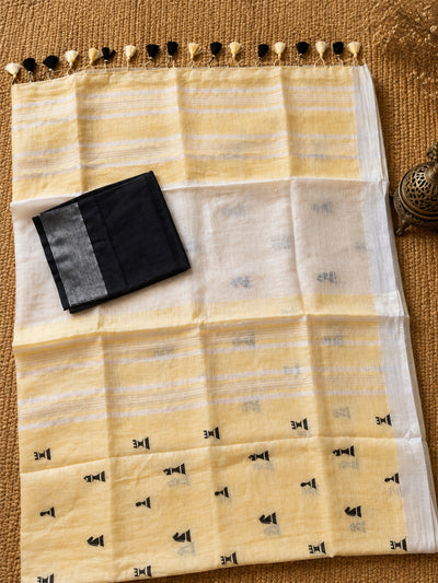 Indiehaat | Pure Linen Embroidered Saree Yellow