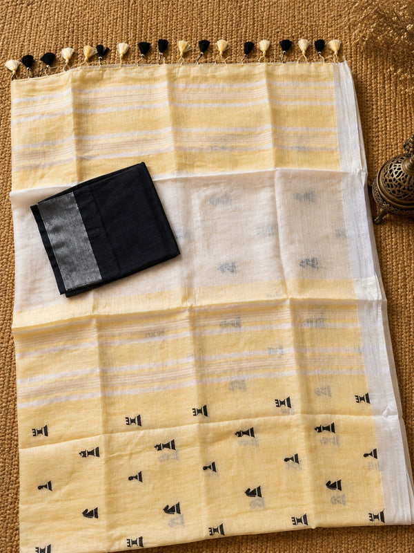 Indiehaat | Pure Linen Embroidered Saree Yellow