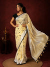 Indiehaat | Pure Linen Embroidered Saree Yellow