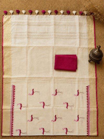 Indiehaat | Pure Linen Embroidered Saree Cream