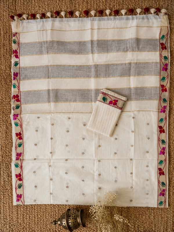 Indiehaat | White Silk Linen Embroidered Saree