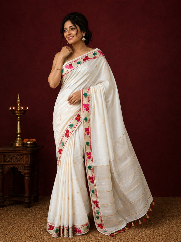 Indiehaat | White Silk Linen Embroidered Saree
