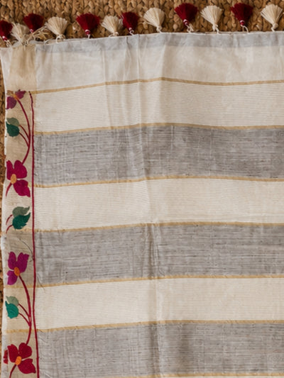 Indiehaat | White Silk Linen Embroidered Saree