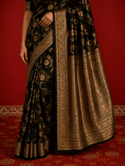 Indiehaat | Mashru Katan Silk Heavy Floral Buta Saree Black