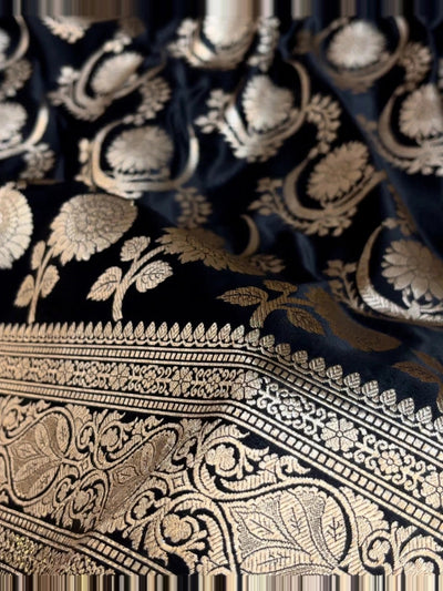 Indiehaat | Mashru Katan Silk Heavy Floral Buta Saree Black