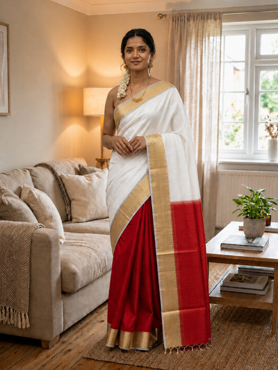 Handloom Kota Silk Beige & Blood Red Saree