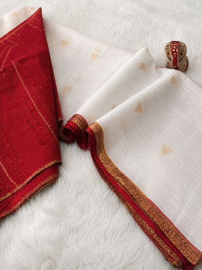 Trikon Katha Kota Silk White & Red Jacquard Saree