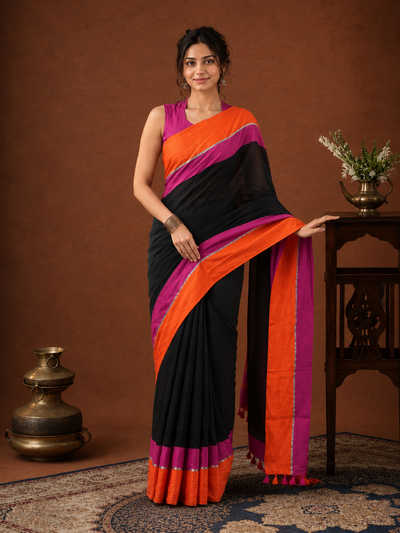 Indiehaat | Black Khadi Cotton Handloom Saree