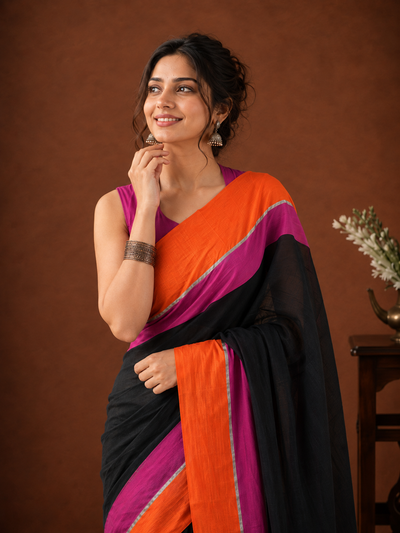Indiehaat | Black Khadi Cotton Handloom Saree