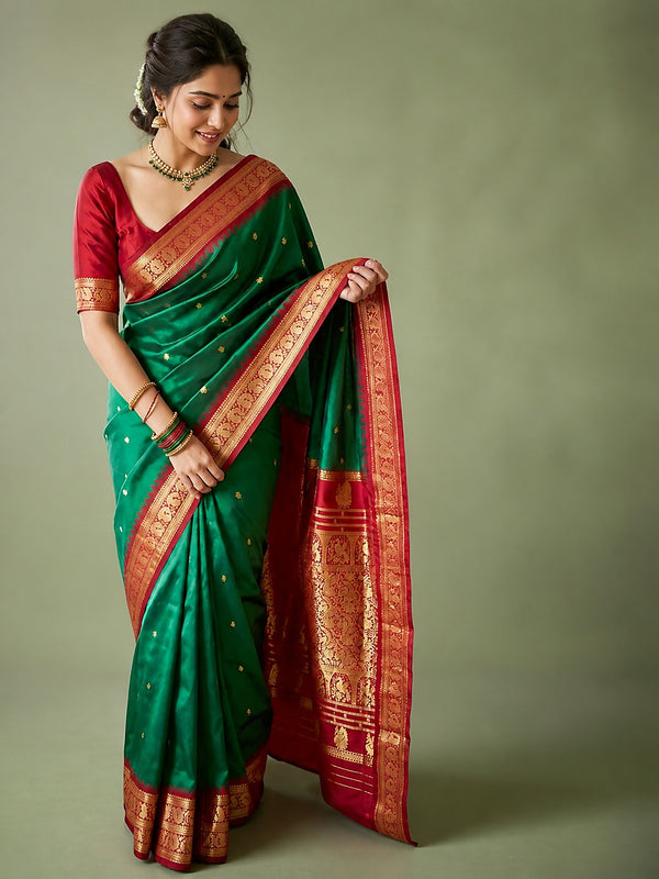 Indiehaat | Paithani Silk Handloom Saree Green