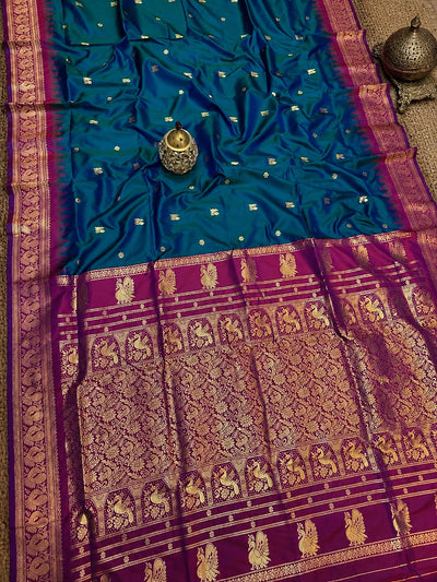 Saanjh Paithani Silk Peacock Handloom Saree Deep Teal