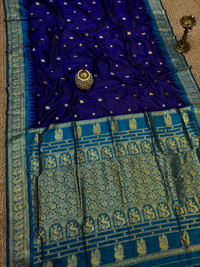 Saanjh Paithani Silk Peacock Handloom Saree Deep Indigo