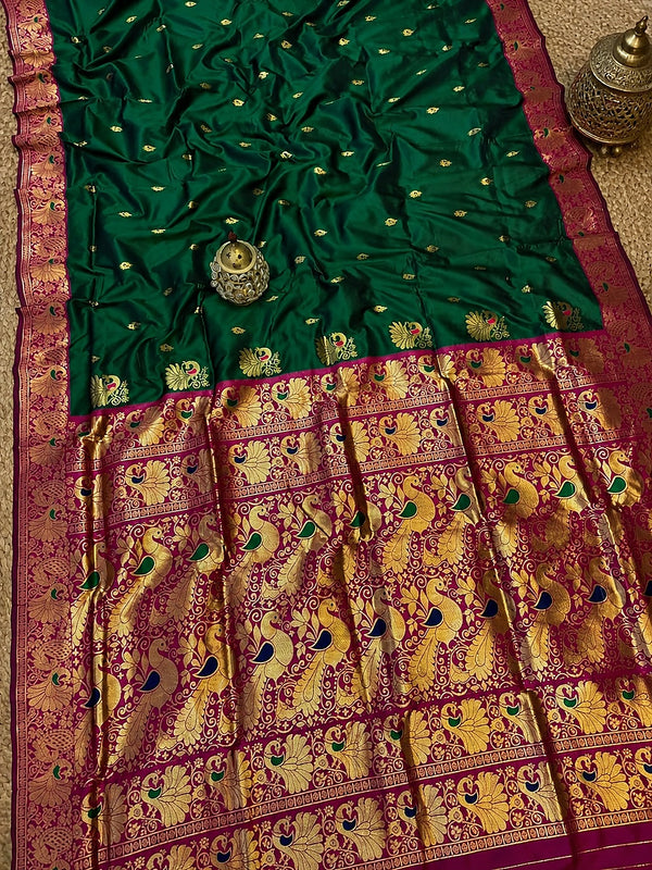 Indiehaat | Paithani Silk Peacock Saree Green