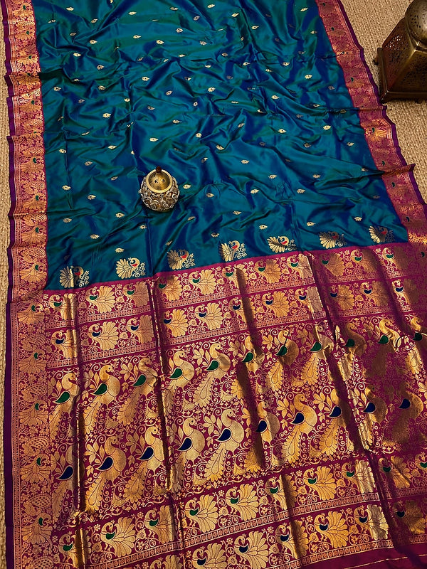 Indiehaat | Paithani Silk Peacock Saree Blue