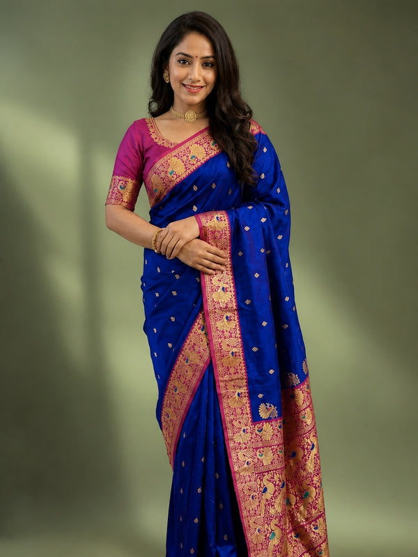 Indiehaat | Paithani Silk Peacock Saree Blue