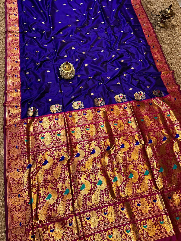 Indiehaat | Paithani Silk Peacock Saree Blue