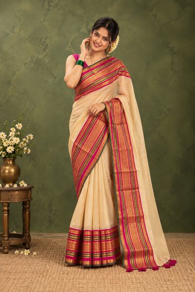 Rajsi Rang Mul Cotton Kanchi Border Saree Cream