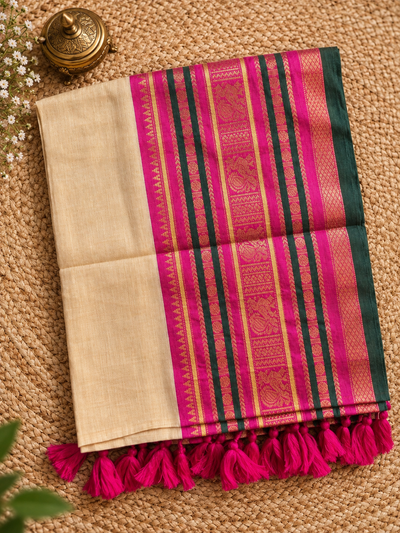 Indiehaat | Mul Cotton Handloom Saree Cream