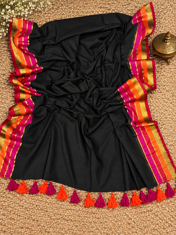 Indiehaat | Mul Cotton Handloom Saree Black Zari Border