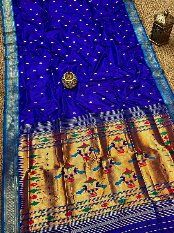 Indiehaat | Double Pallu Paithani Silk Saree Blue