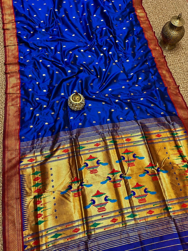 Indiehaat | Double Pallu Paithani Silk Saree Blue