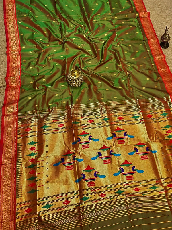 Indiehaat | Double Pallu Paithani Silk Saree Green