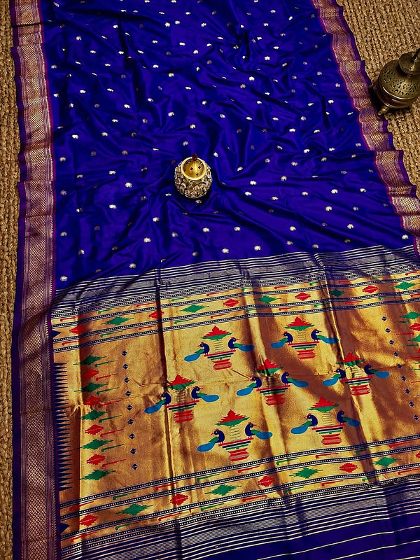 Indiehaat | Double Pallu Paithani Silk Saree Blue