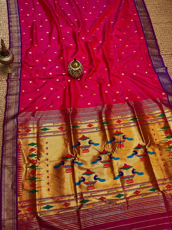 Indiehaat | Double Pallu Paithani Silk Saree Pink