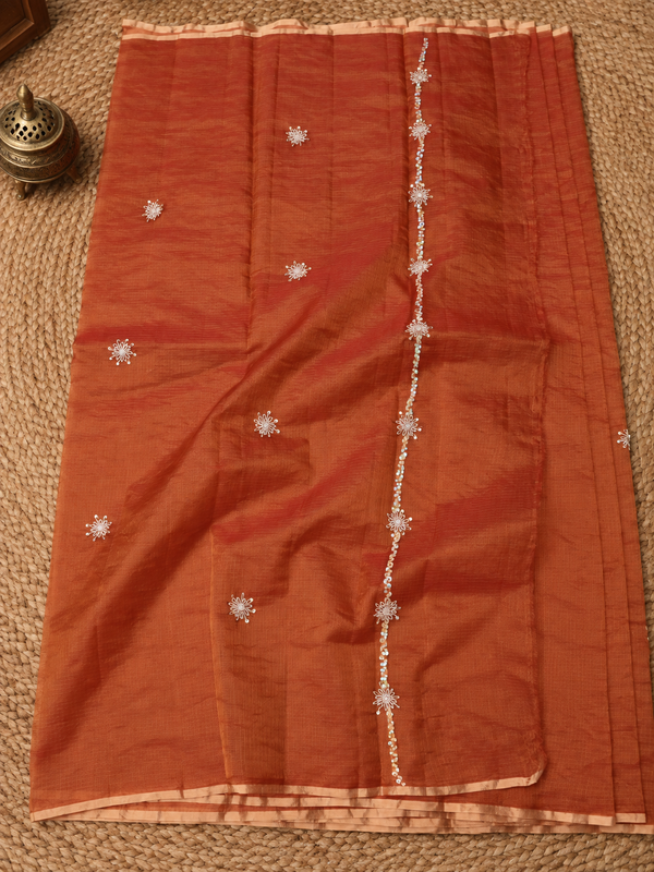Indiehaat | Tissue Silk Kota Doria Saree Pearl Sequin Work Orange