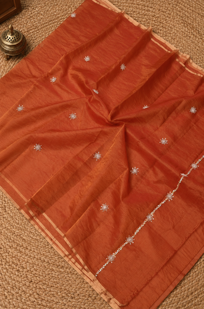 Indiehaat | Tissue Silk Kota Doria Saree Pearl Sequin Work Orange