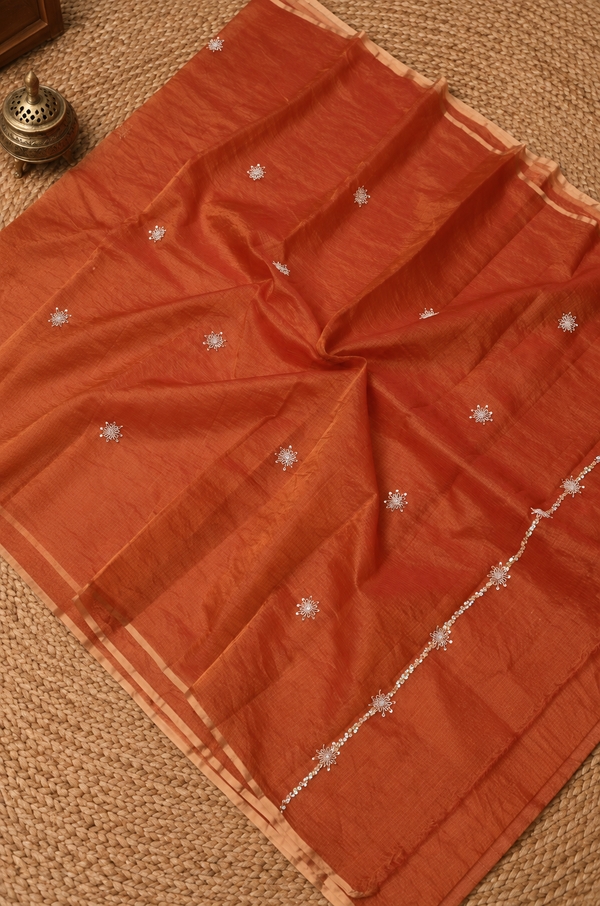 Indiehaat | Tissue Silk Kota Doria Saree Pearl Sequin Work Orange