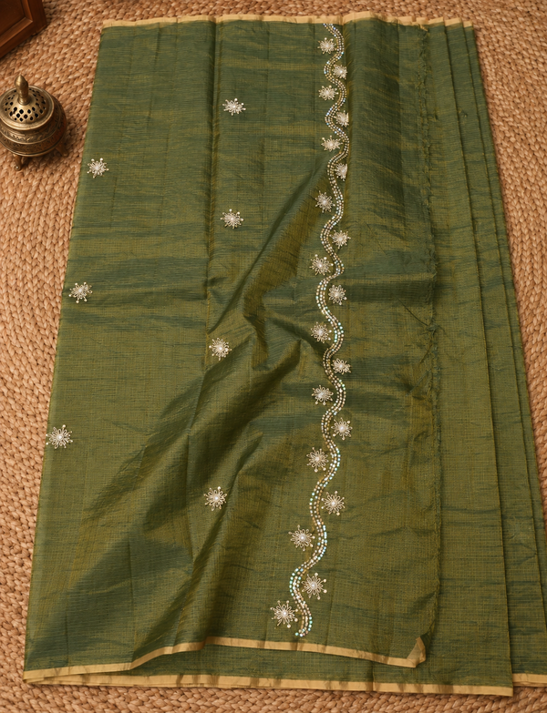 Indiehaat | Tissue Silk Kota Doria Saree Pearl Sequin Work Green