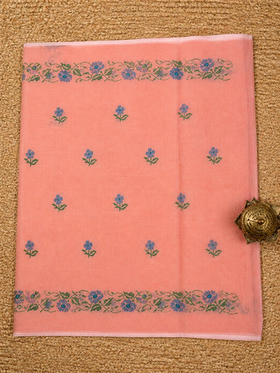 Gulbadan Kota Doria Embroidered Saree Soft Peach