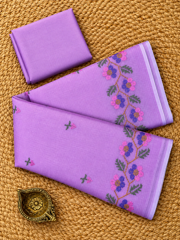Indiehaat | Kota Doria Saree Floral Embroidery Purple