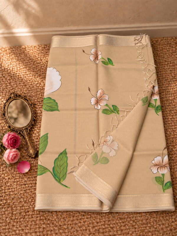 Indiehaat | Kota Doria Semi Silk Saree Hand Painting Beige