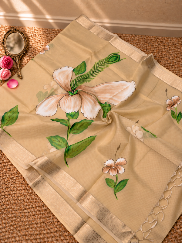 Indiehaat | Kota Doria Semi Silk Saree Hand Painting Beige