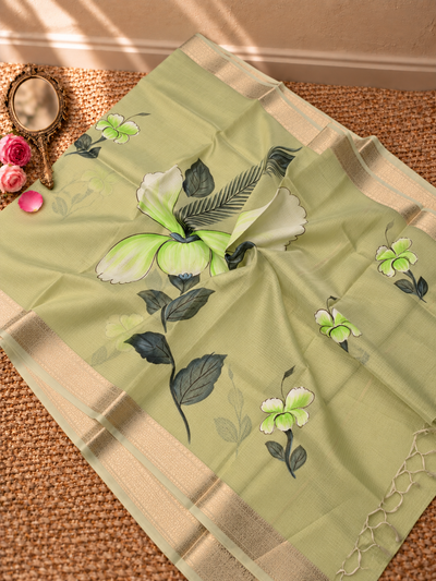 Indiehaat | Kota Doria Semi Silk Saree Hand Painting Green