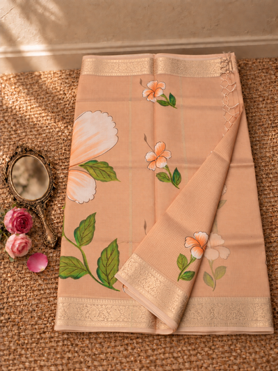 Milana Kota Doria Semi Silk Hand-Painted Saree Light Peach