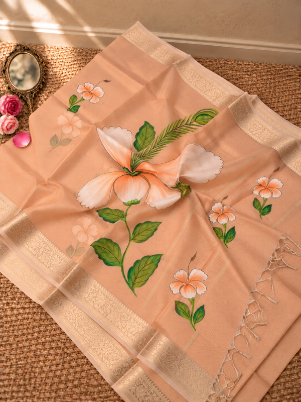 Indiehaat | Kota Doria Semi Silk Saree Hand Painting Peach